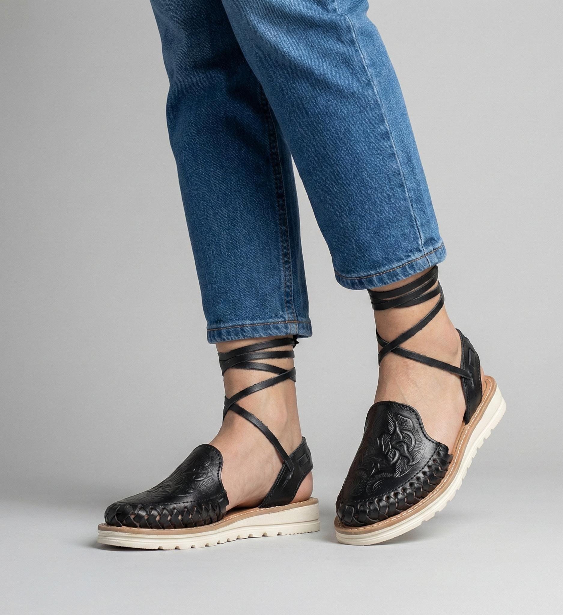 Women's Huaraches with Ankle Laces | Artisan Mexican Huaraches in Black, White, Honey, and Shedron