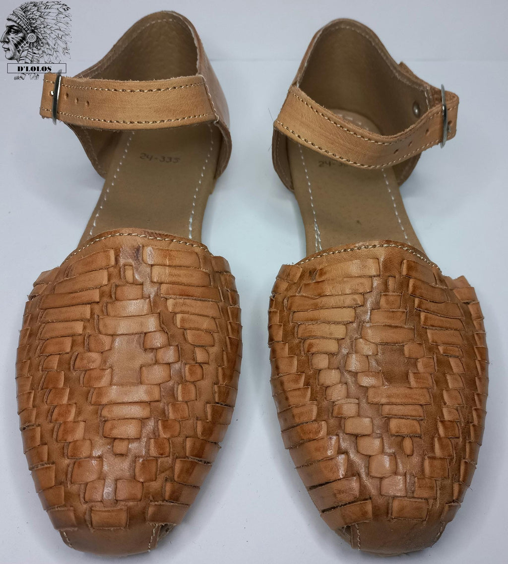 Women's closed-toe buckle huaraches, bottom view of the leather sole