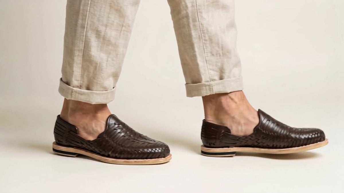Dark brown woven leather huaraches in motion