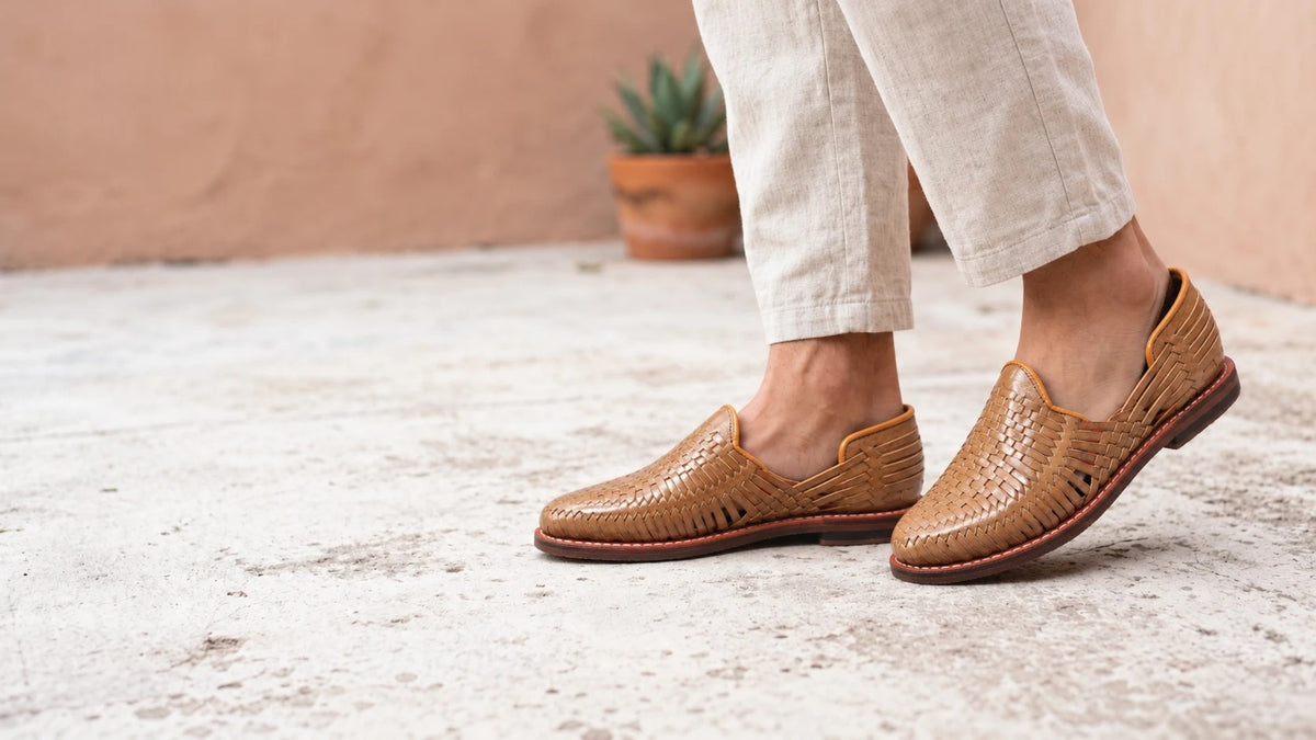 Handwoven tan leather Mexican huaraches with a closed toe