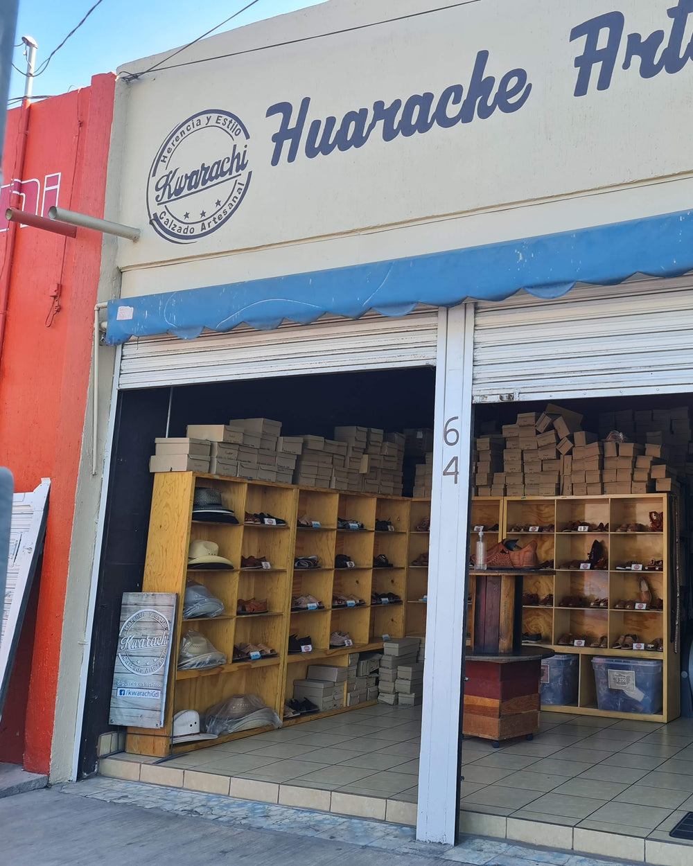 Storefront of the Kwarachi artisan huarache shop in Jalisco, Mexico
