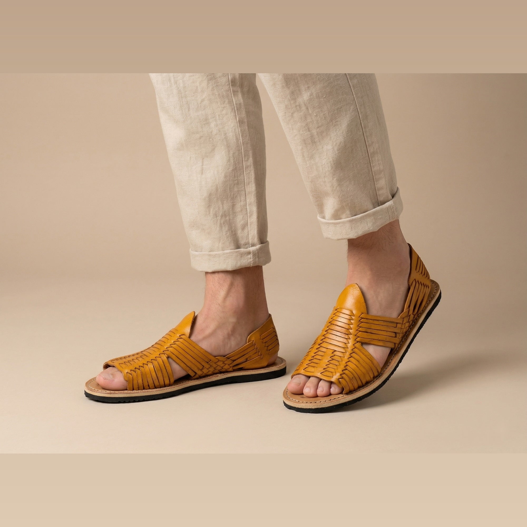Men's Mexican leather huaraches in several colors, top-down view of the woven leather upper