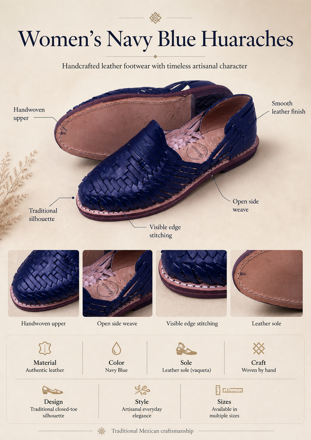 Mexican navy blue closed-toe huaraches for women, genuine leather, vaqueta sole, made in Mexico