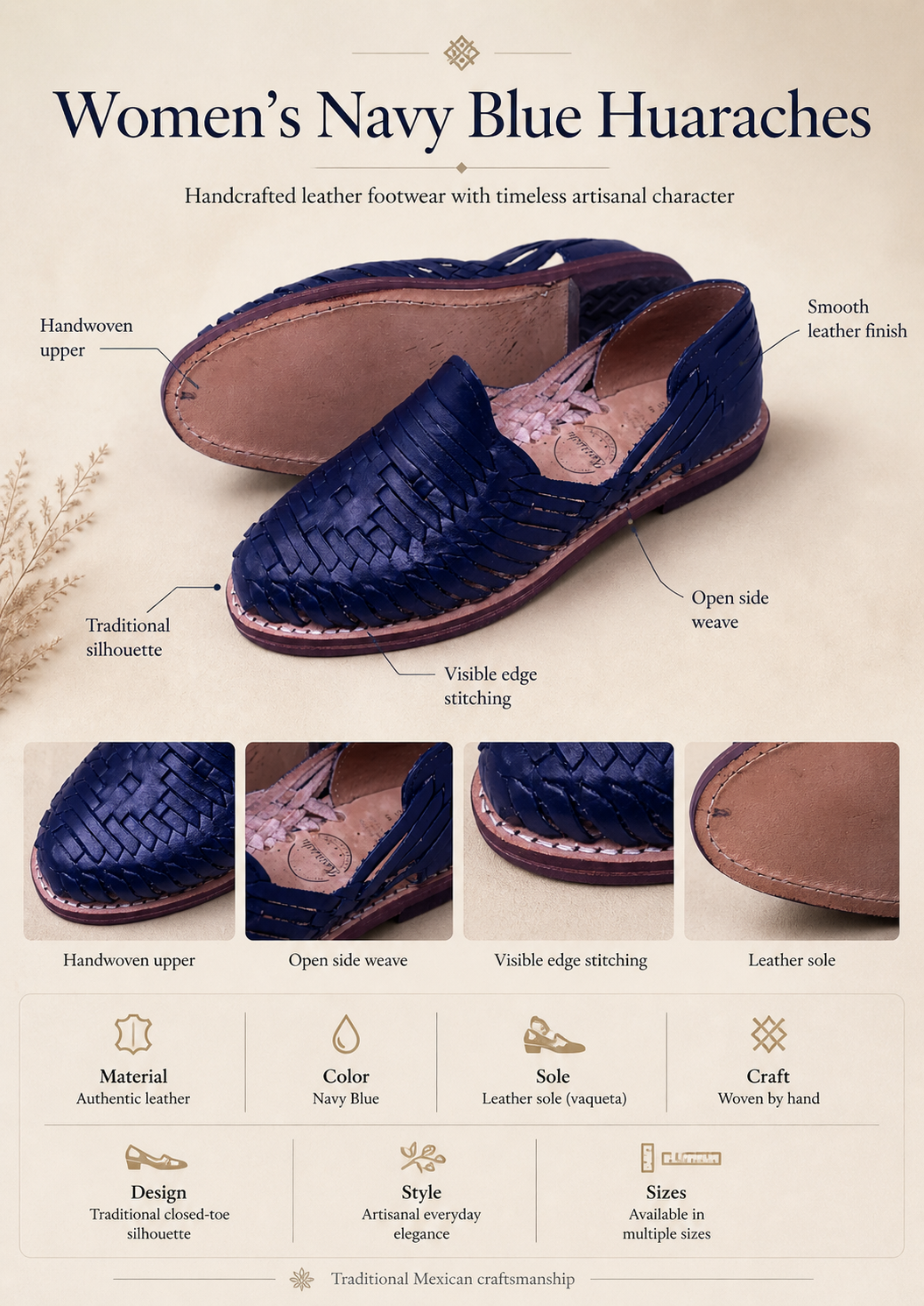 Mexican navy blue closed-toe huaraches for women, genuine leather, vaqueta sole, made in Mexico