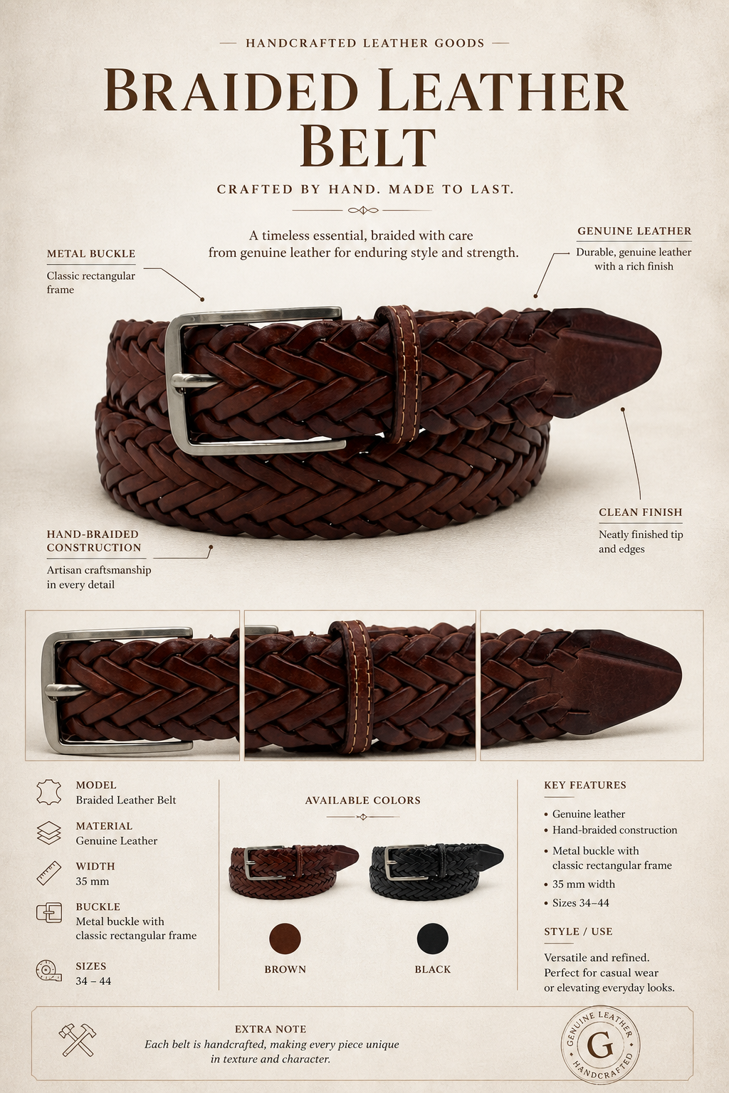 Braided leather belt 35 mm for men or unisex, handmade belt with a slim buckle in black or brown, handmade in Mexico