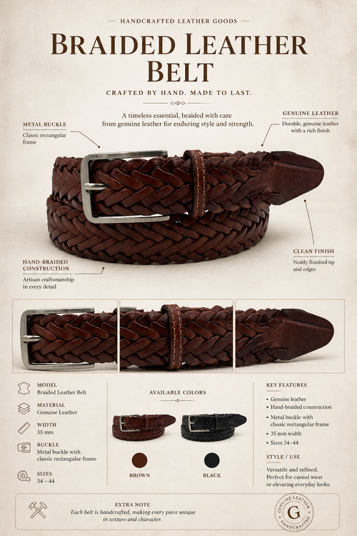 Braided leather belt 35 mm for men or unisex, handmade belt with a slim buckle in black or brown, handmade in Mexico