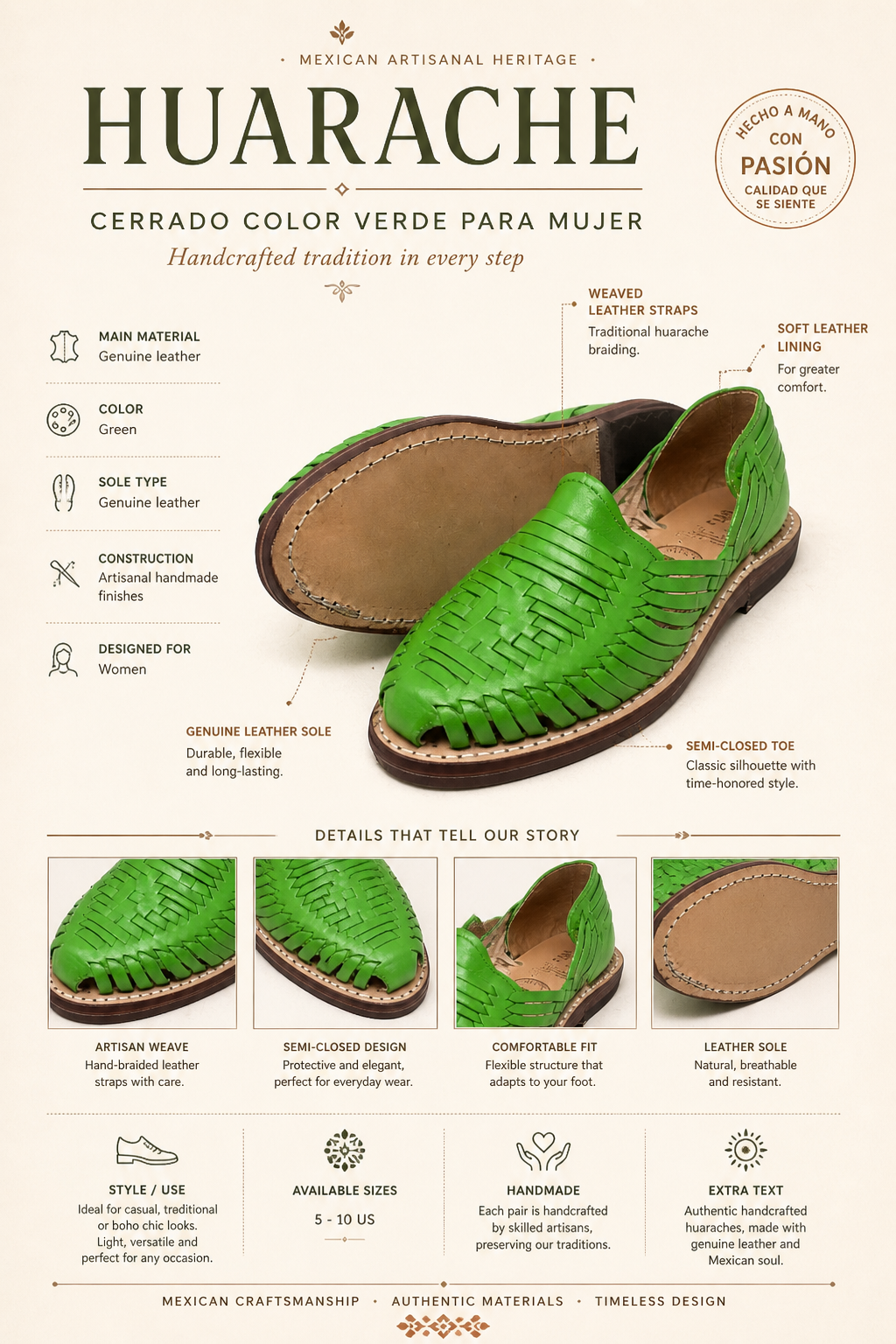 Women's closed-toe huaraches in green, genuine woven leather, rawhide sole, handmade in Mexico