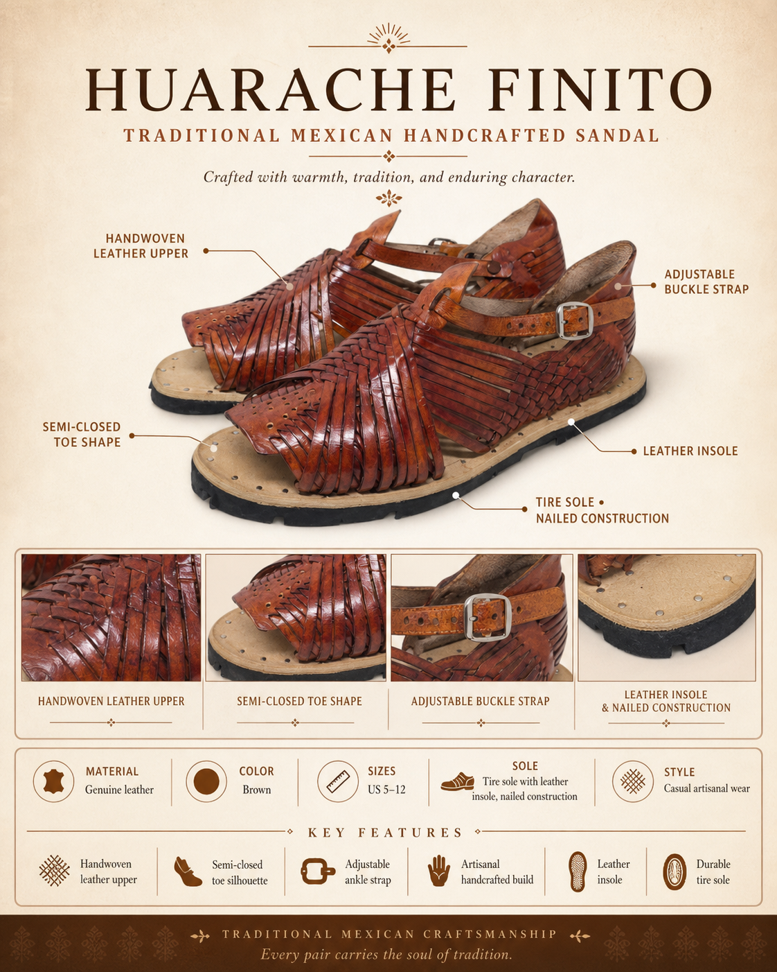 Men's pachuco huaraches, open toe, tobacco brown leather, studded tire sole, made in Mexico